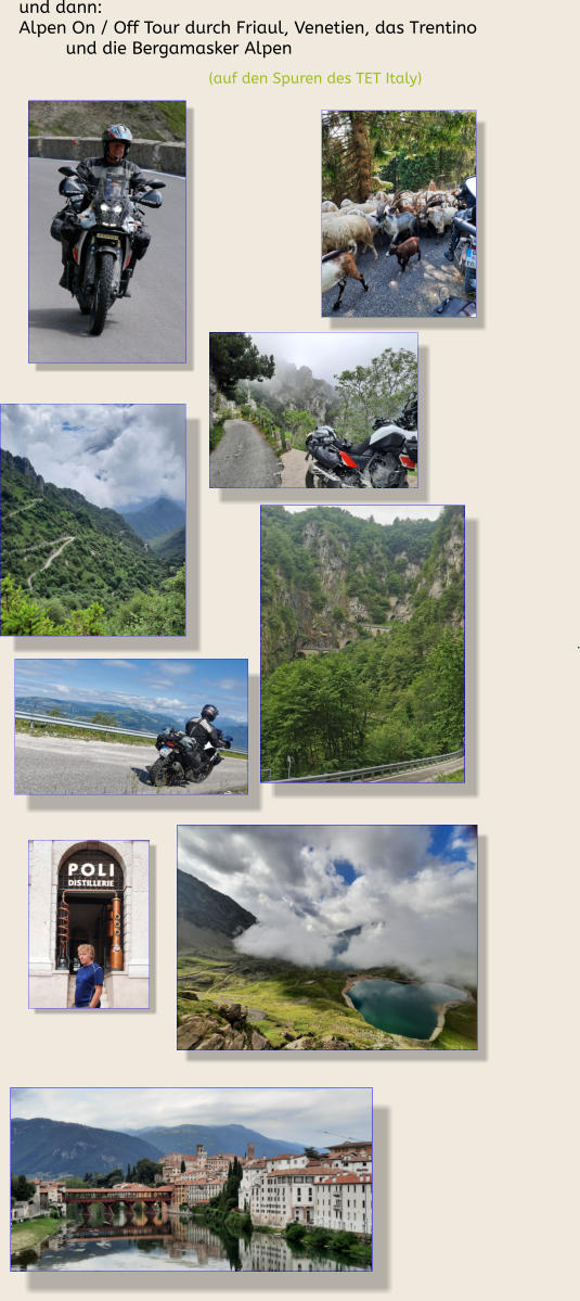 .   Passo Maniva       / Passo della Spina Passo Maniva         / Passo della Spina Passo Gavia Rückreise über den          Gavia Pass Passo San Baldo Monte Losa Ponte Veccio Bassano del Grappa Passo Stelvio (auf den Spuren des TET Italy) und dann: Alpen On / Off Tour durch Friaul, Venetien, das Trentino          und die Bergamasker Alpen